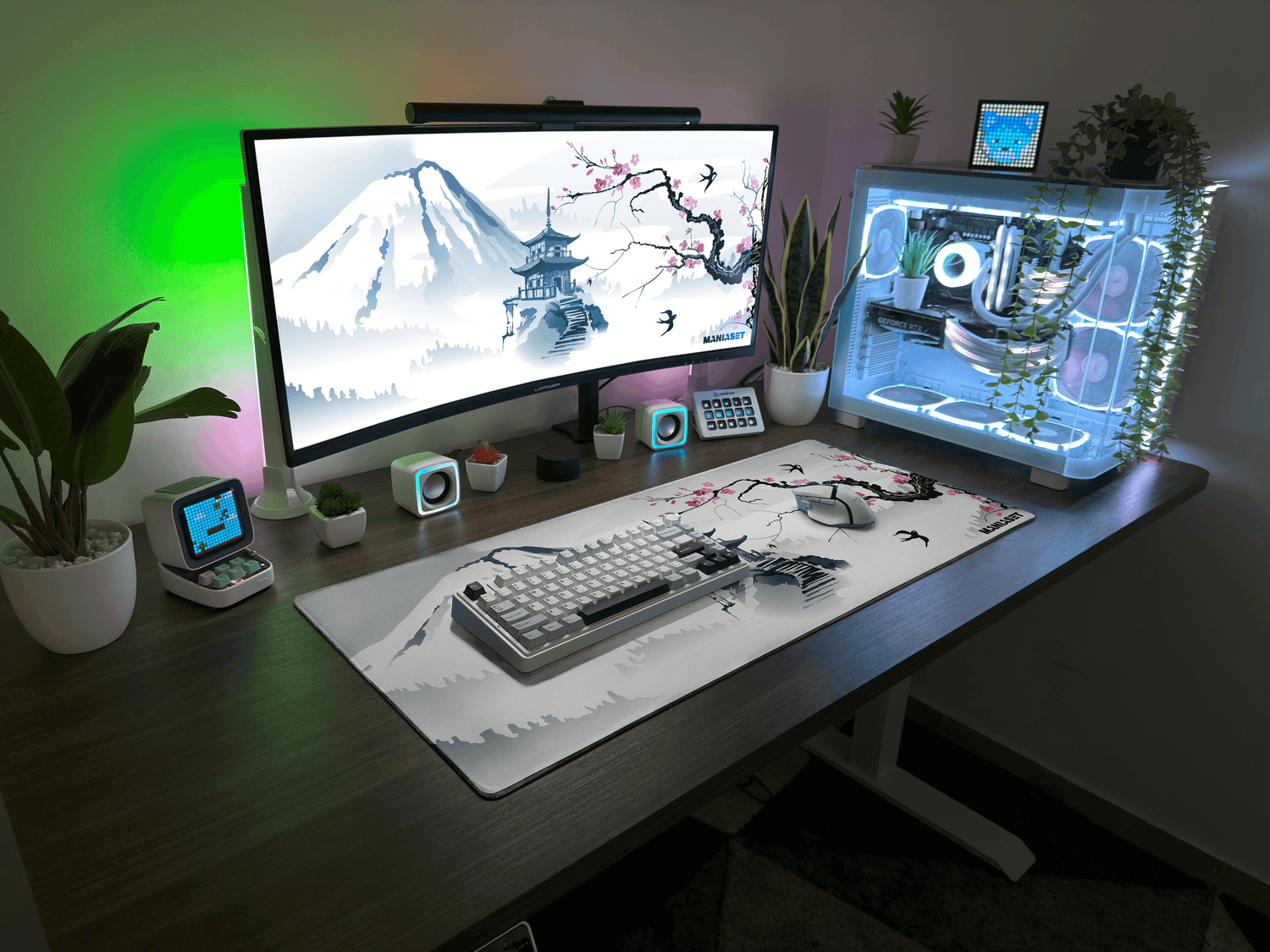 setup with pc, keyboard, mouse and maniaset mousepad